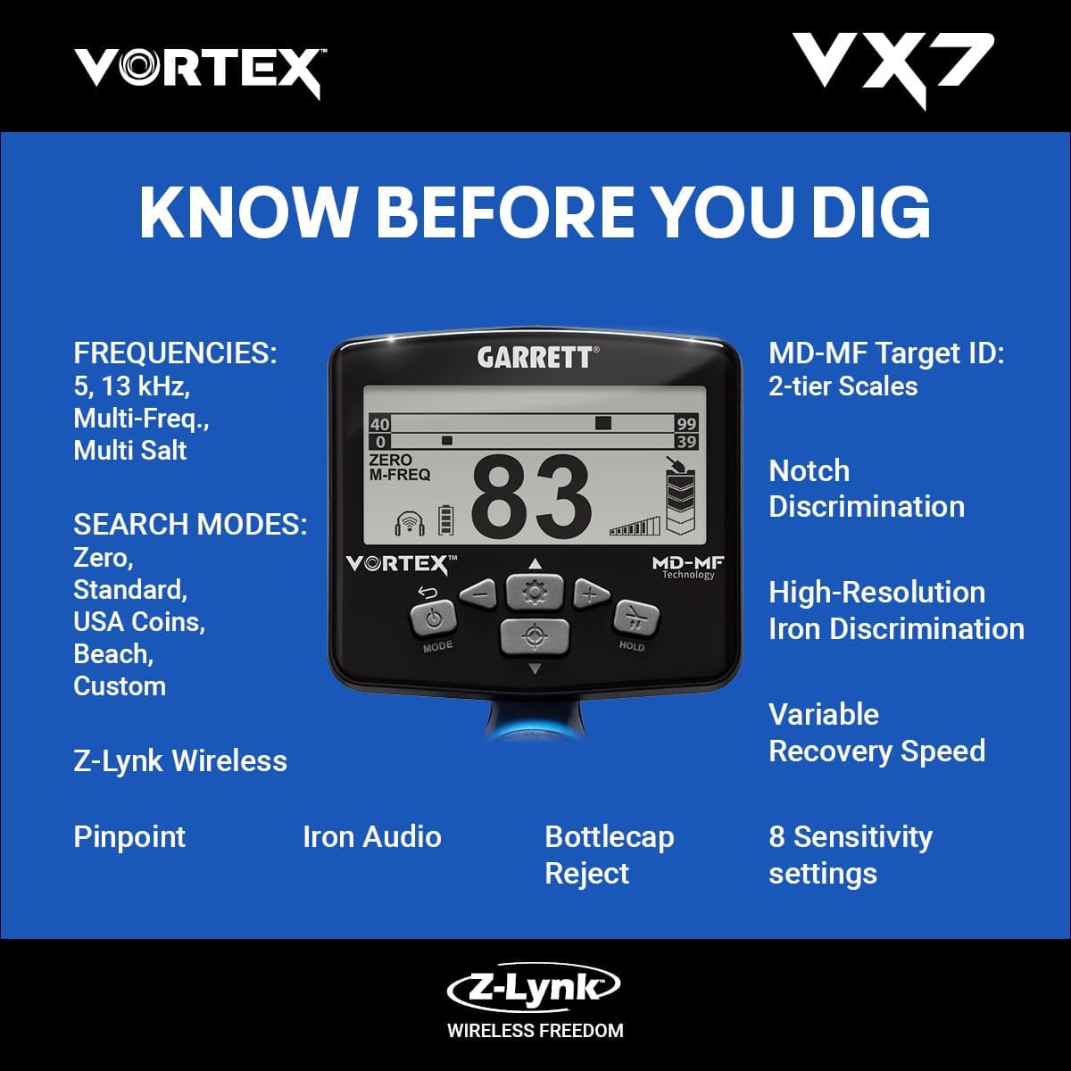 Bursa Garrett Vortex VX7 Dedektör - VX7 hedef ID ekranı, iki katmanlı MD-MF okuma ile demir ve iletken hedefleri ayırmaya yardım eder.